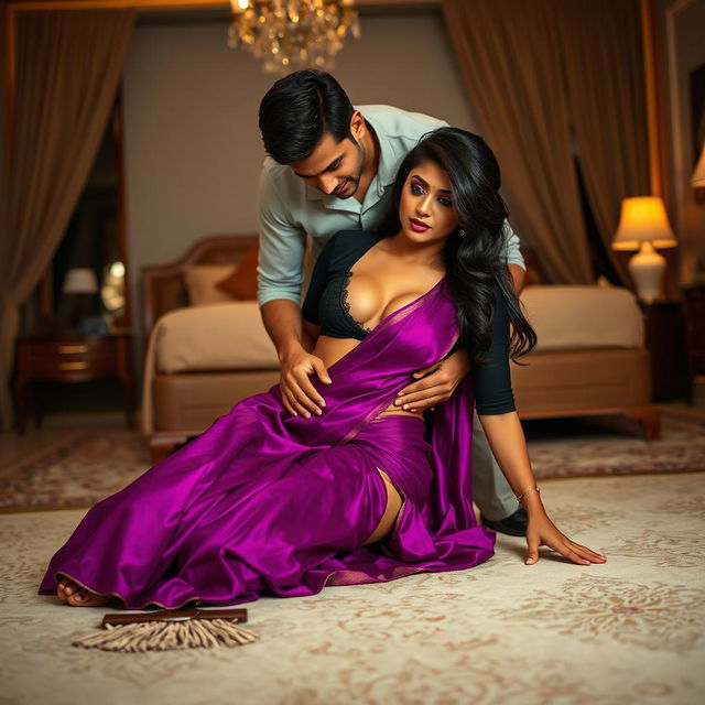 A seductive Indian brunette maid in a vibrant purple saree and black blouse, bending over to clean the floor in a lavish bedroom at night