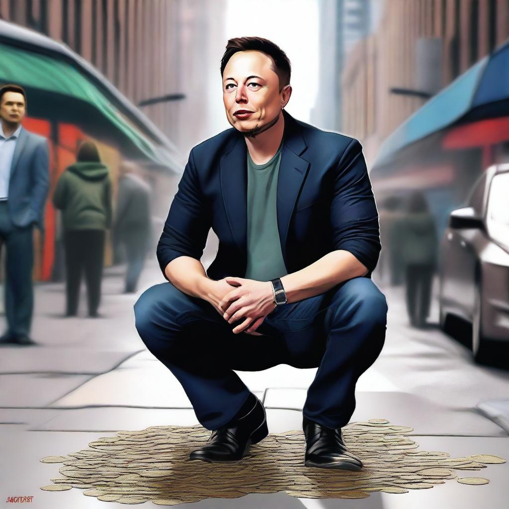 A high-quality digital art image depicts Elon Musk in a semi-realistic style