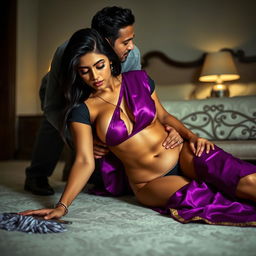 A sultry Indian brunette maid in a vibrant purple saree and black blouse, bending over to clean the floor in a luxurious bedroom at night
