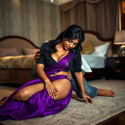 A sultry Indian brunette maid in a vibrant purple saree and black blouse, bending over to clean the floor in a luxurious bedroom at night