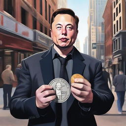 A high-quality digital art image depicts Elon Musk in a semi-realistic style