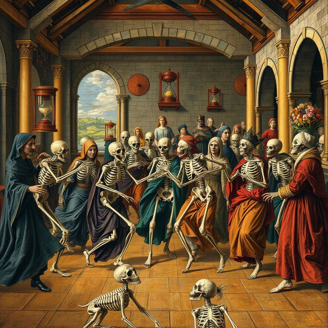 A detailed depiction of medieval frescoes illustrating the Danse Macabre, featuring a variety of skeletal figures dressed in medieval attire dancing with living people, including nobles, peasants, and clergy