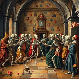 A detailed depiction of medieval frescoes illustrating the Danse Macabre, featuring a variety of skeletal figures dressed in medieval attire dancing with living people, including nobles, peasants, and clergy