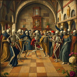 A detailed depiction of medieval frescoes illustrating the Danse Macabre, featuring a variety of skeletal figures dressed in medieval attire dancing with living people, including nobles, peasants, and clergy