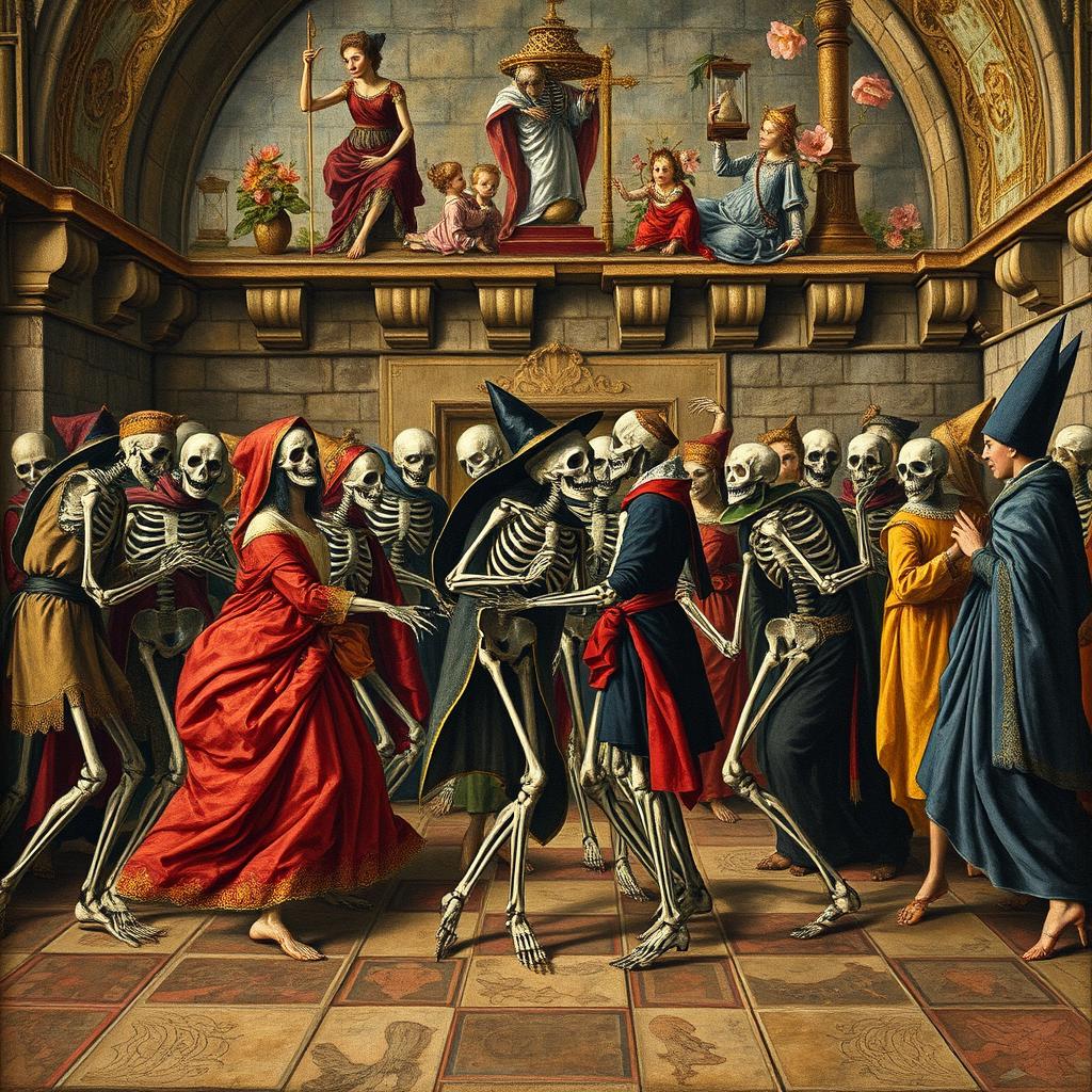 A detailed depiction of medieval frescoes illustrating the Danse Macabre, featuring a variety of skeletal figures dressed in medieval attire dancing with living people, including nobles, peasants, and clergy