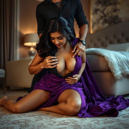 A sexy Indian brunette maid clad in a striking purple saree and black blouse, bending over while cleaning the floor in a luxurious bedroom at night