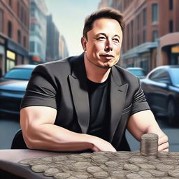 A high-quality digital art image depicts Elon Musk in a semi-realistic style