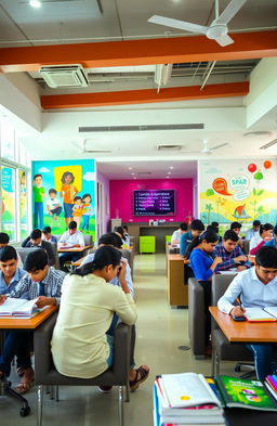 A vibrant and modern interior of a coaching institute named 'B