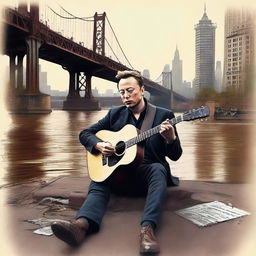 A high-quality digital art image presents Elon Musk in a semi-realistic style, busking under a city bridge