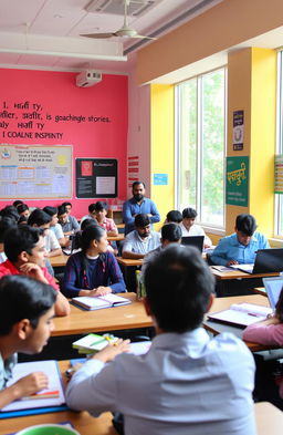 A vibrant and inspiring educational setting, showcasing a coaching institute named 'B