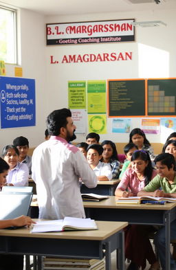 A vibrant and inspiring educational setting, showcasing a coaching institute named 'B