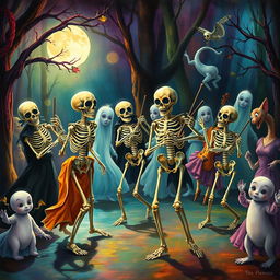 Artistic representations of skeletons orchestrating lively dances, showcasing a whimsical yet haunting atmosphere