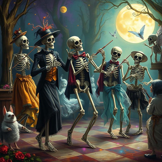 Artistic representations of skeletons orchestrating lively dances, showcasing a whimsical yet haunting atmosphere