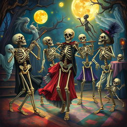 Artistic representations of skeletons orchestrating lively dances, showcasing a whimsical yet haunting atmosphere