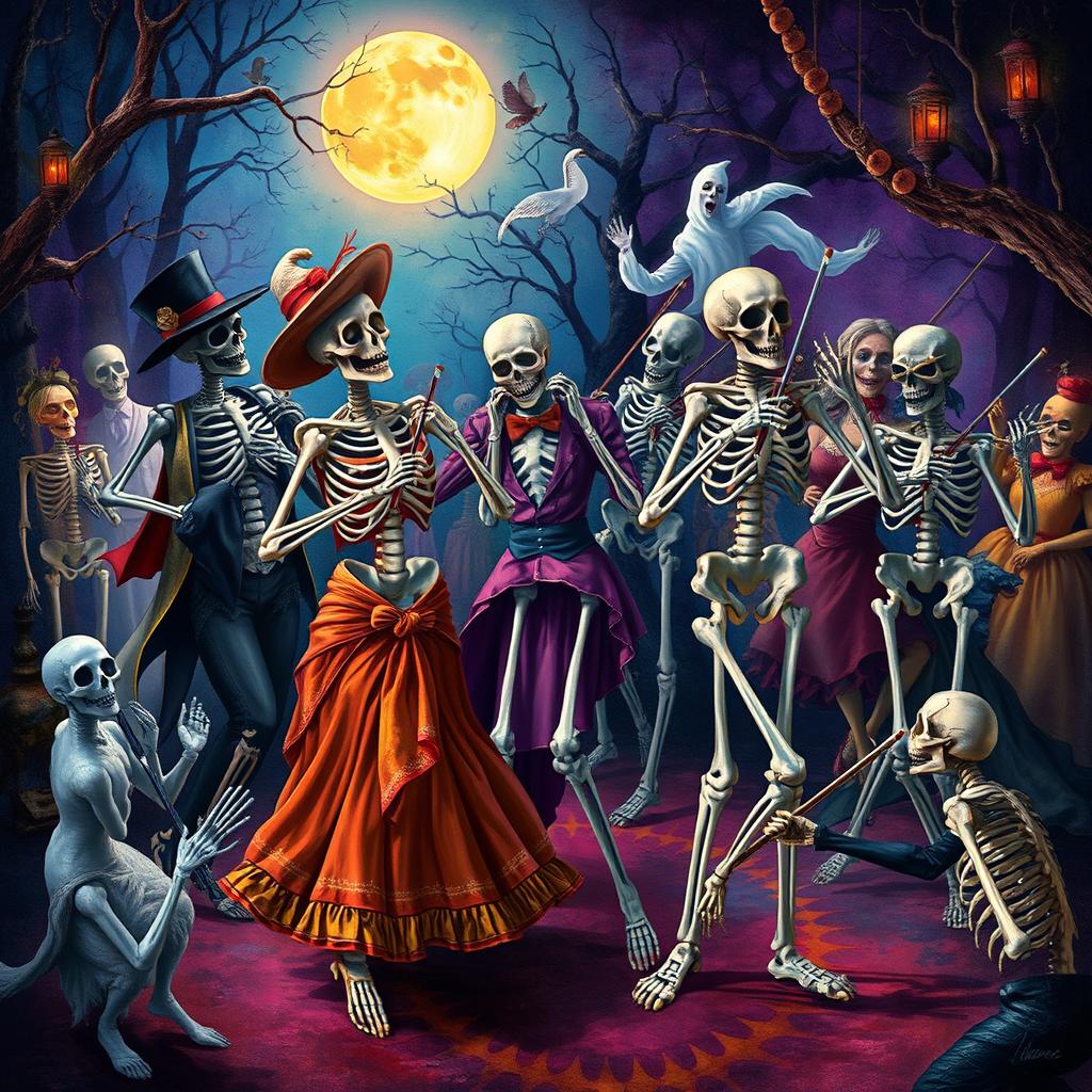 Artistic representations of skeletons orchestrating lively dances, showcasing a whimsical yet haunting atmosphere