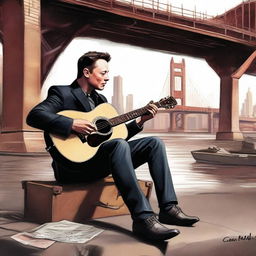 A high-quality digital art image presents Elon Musk in a semi-realistic style, busking under a city bridge