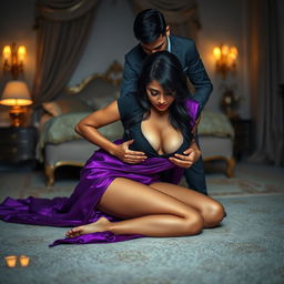 An alluring Indian brunette maid dressed in a stunning purple saree and black blouse, bending over while cleaning the floor of an elegant bedroom at night
