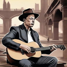 A high-quality digital art image presents Elon Musk in a semi-realistic style, busking under a city bridge