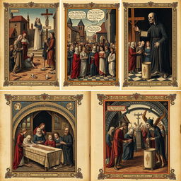 A collection of manuscript illustrations depicting the Black Death, showcasing scenes of plague-stricken towns, somber processions, and the impact of the epidemic on medieval society