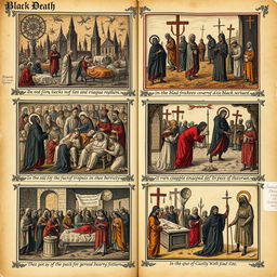 A collection of manuscript illustrations depicting the Black Death, showcasing scenes of plague-stricken towns, somber processions, and the impact of the epidemic on medieval society