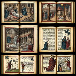 A collection of manuscript illustrations depicting the Black Death, showcasing scenes of plague-stricken towns, somber processions, and the impact of the epidemic on medieval society