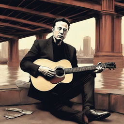 A high-quality digital art image presents Elon Musk in a semi-realistic style, busking under a city bridge