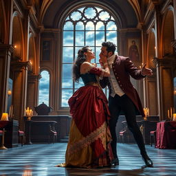 A dramatic scene from Puccini's opera Tosca, featuring the iconic characters: Floria Tosca, a passionate and beautiful soprano, wearing an elegant early 19th century dress with rich colors and intricate details