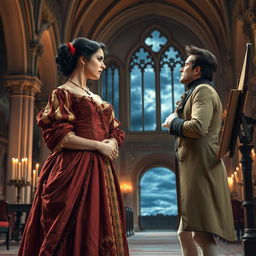 A dramatic scene from Puccini's opera Tosca, featuring the iconic characters: Floria Tosca, a passionate and beautiful soprano, wearing an elegant early 19th century dress with rich colors and intricate details