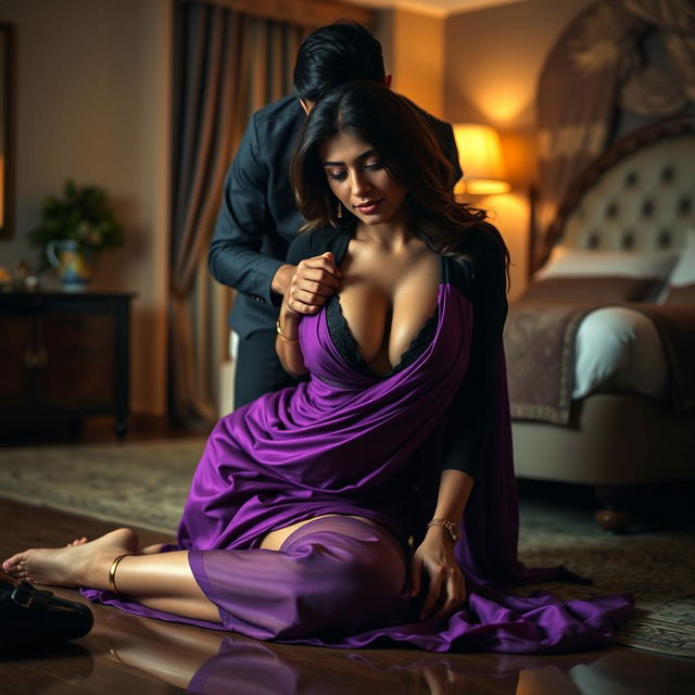 A sexy Indian brunette maid adorned in a vibrant purple saree and black blouse, bending over in a luxurious bedroom at night as she cleans the floor