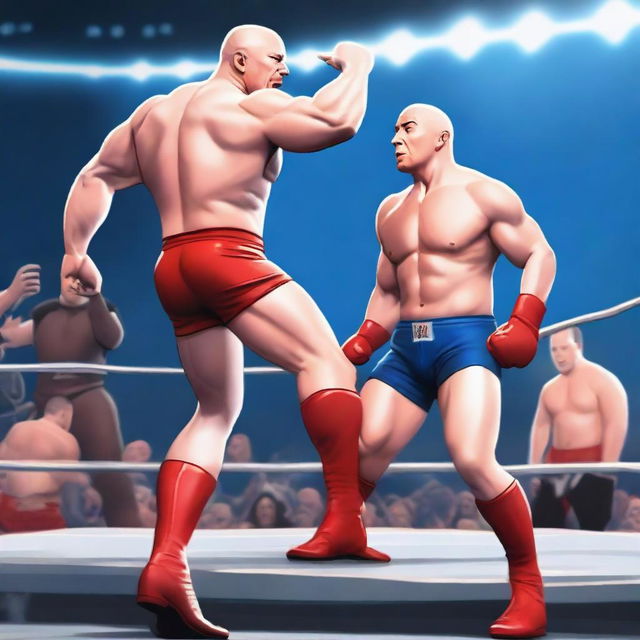 A high-quality digital art depicting an intense WWE Wrestlemania scene