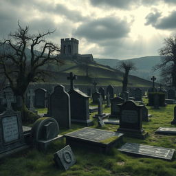 An atmospheric depiction of a medieval European cemetery, featuring aged gravestones with intricate carvings and inscriptions, some partially covered in moss and ivy
