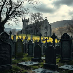 An atmospheric depiction of a medieval European cemetery, featuring aged gravestones with intricate carvings and inscriptions, some partially covered in moss and ivy