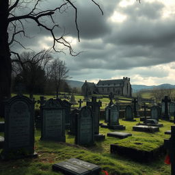 An atmospheric depiction of a medieval European cemetery, featuring aged gravestones with intricate carvings and inscriptions, some partially covered in moss and ivy
