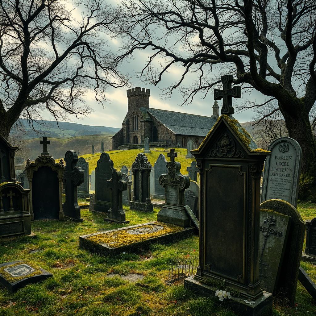 An atmospheric depiction of a medieval European cemetery, featuring aged gravestones with intricate carvings and inscriptions, some partially covered in moss and ivy