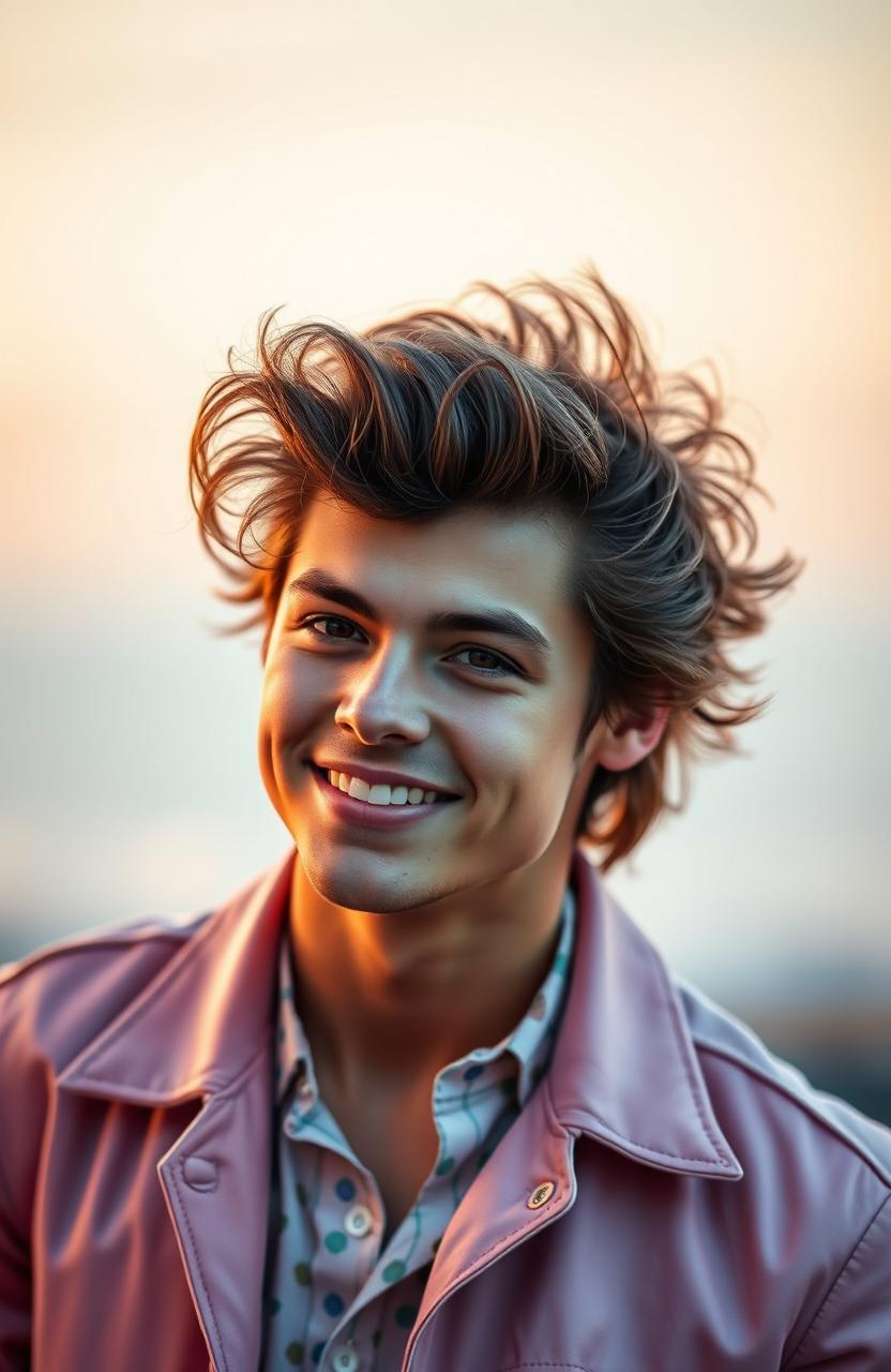 A portrait of a stylish young man with a confident smile, wearing a fashionable outfit that blends retro and contemporary styles