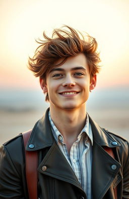 A portrait of a stylish young man with a confident smile, wearing a fashionable outfit that blends retro and contemporary styles