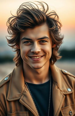 A portrait of a stylish young man with a confident smile, wearing a fashionable outfit that blends retro and contemporary styles