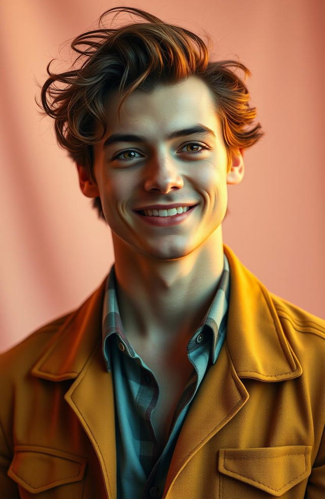 A portrait of a stylish young man with a confident smile, wearing a fashionable outfit that blends retro and contemporary styles