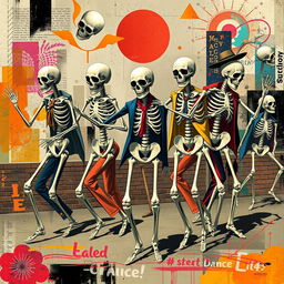 Modern reinterpretations of the motif of skeletons leading dances, featuring contemporary artistic styles such as digital art, collage, or street art influences