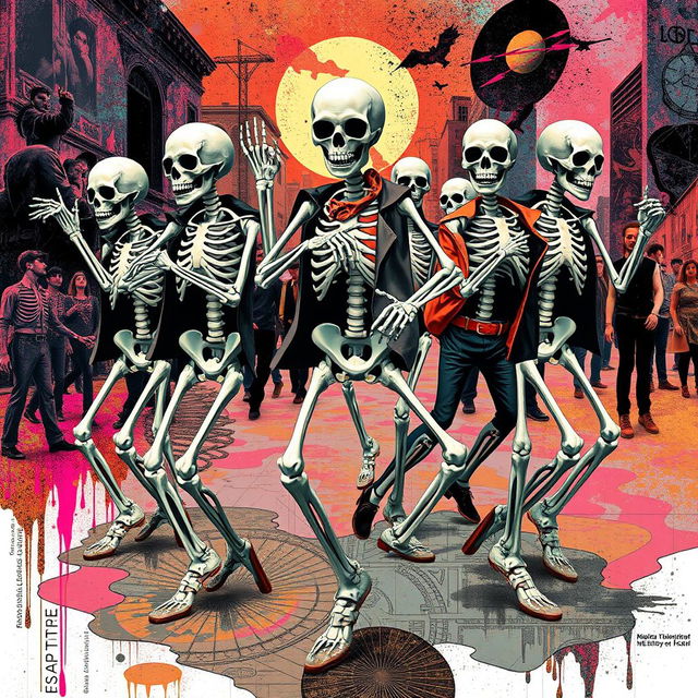 Modern reinterpretations of the motif of skeletons leading dances, featuring contemporary artistic styles such as digital art, collage, or street art influences