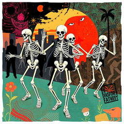 Modern reinterpretations of the motif of skeletons leading dances, featuring contemporary artistic styles such as digital art, collage, or street art influences