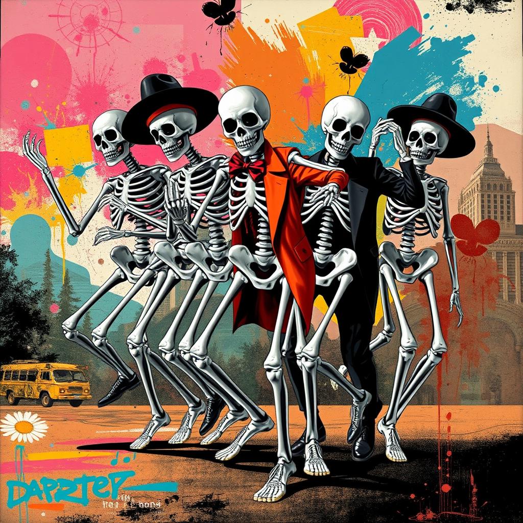 Modern reinterpretations of the motif of skeletons leading dances, featuring contemporary artistic styles such as digital art, collage, or street art influences