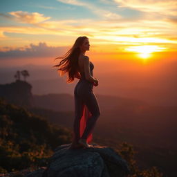 A serene and beautiful scene of a woman with long, flowing hair standing gracefully atop a rocky cliff overlooking a breathtaking sunset