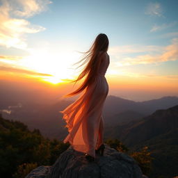 A serene and beautiful scene of a woman with long, flowing hair standing gracefully atop a rocky cliff overlooking a breathtaking sunset