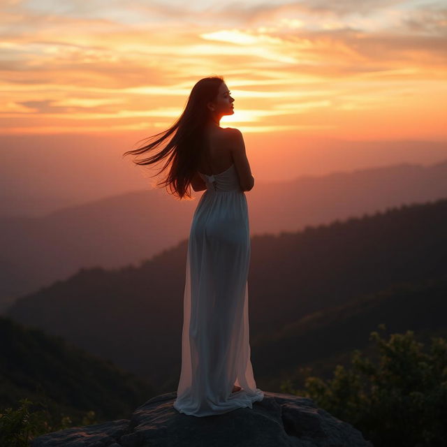 A serene and beautiful scene of a woman with long, flowing hair standing gracefully atop a rocky cliff overlooking a breathtaking sunset