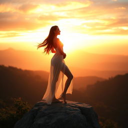 A serene and beautiful scene of a woman with long, flowing hair standing gracefully atop a rocky cliff overlooking a breathtaking sunset