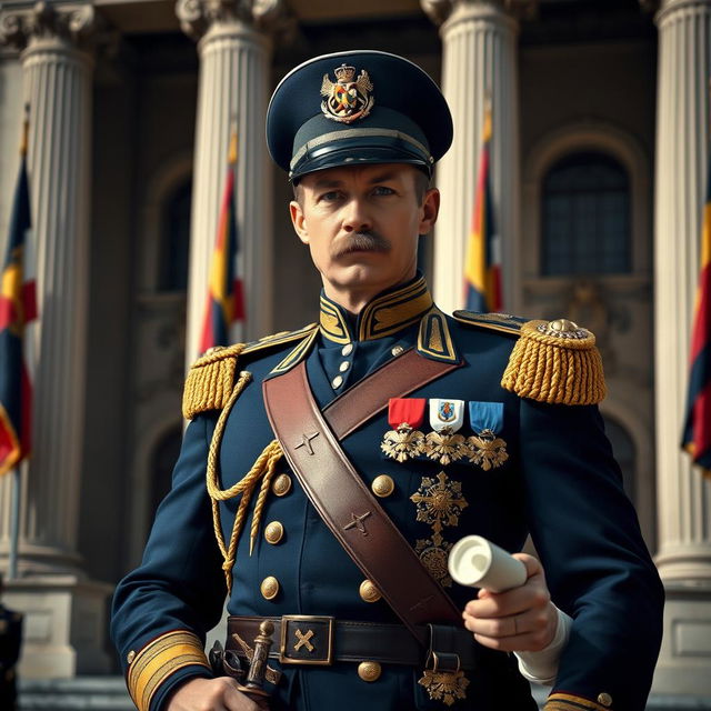 A regal portrait of a 19th-century Bourbon police chief, dressed in a luxurious uniform adorned with intricate embroidery and gold epaulettes