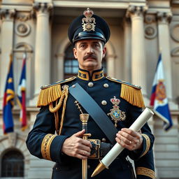 A regal portrait of a 19th-century Bourbon police chief, dressed in a luxurious uniform adorned with intricate embroidery and gold epaulettes