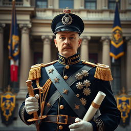 A regal portrait of a 19th-century Bourbon police chief, dressed in a luxurious uniform adorned with intricate embroidery and gold epaulettes