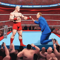 A high-quality digital art depicting an intense WWE Wrestlemania scene